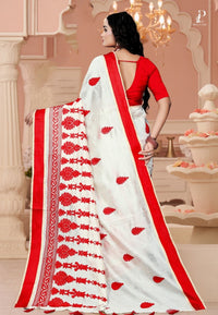 White Tussar Embroidery Saree with Red Border