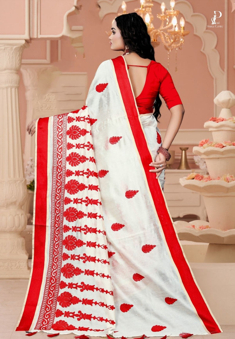 White Tussar Embroidery Saree with Red Border