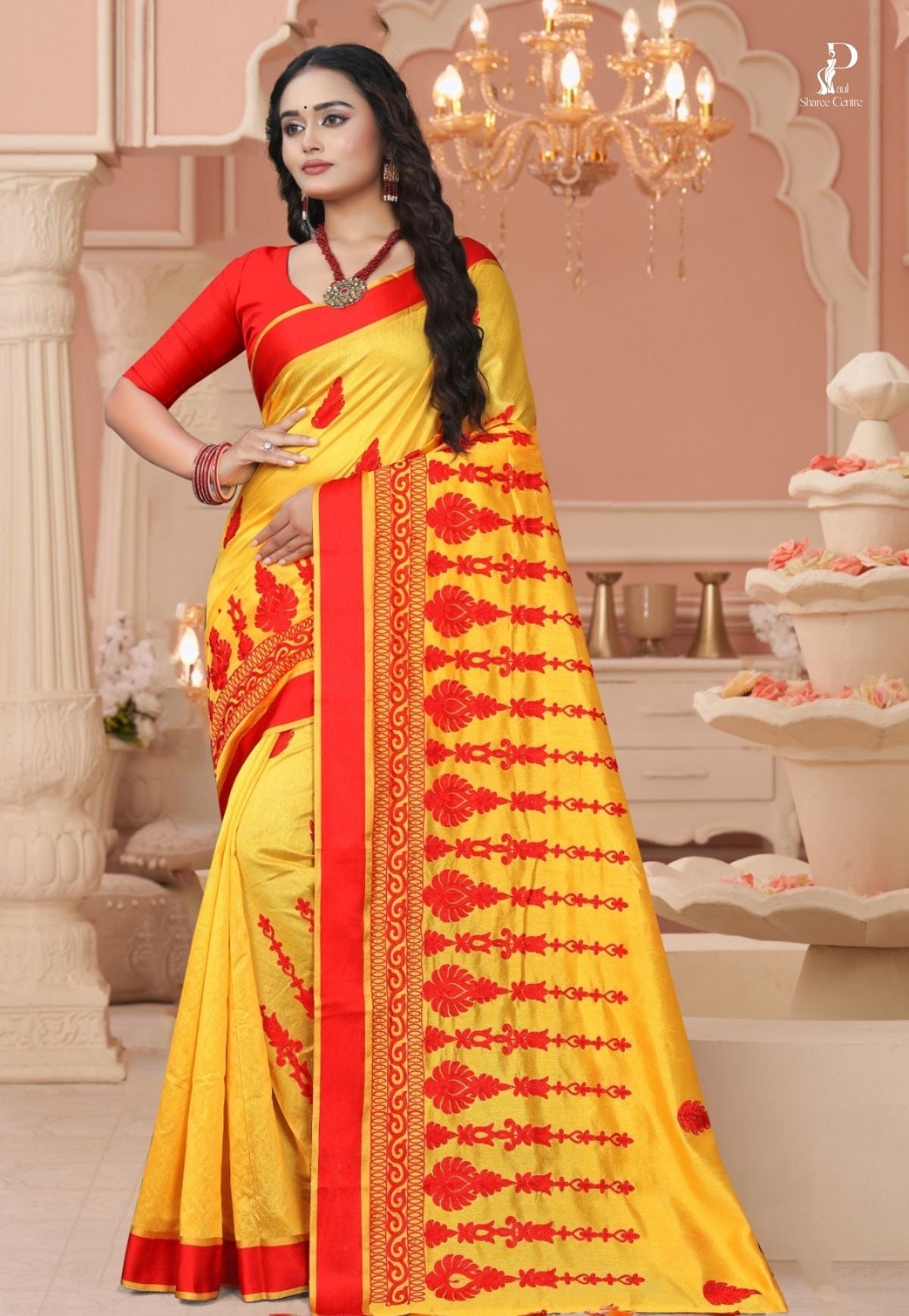 Yellow Tussar Embroidery Saree with Red Border