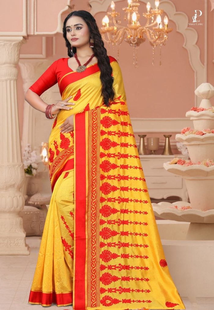 Yellow Tussar Embroidery Saree with Red Border