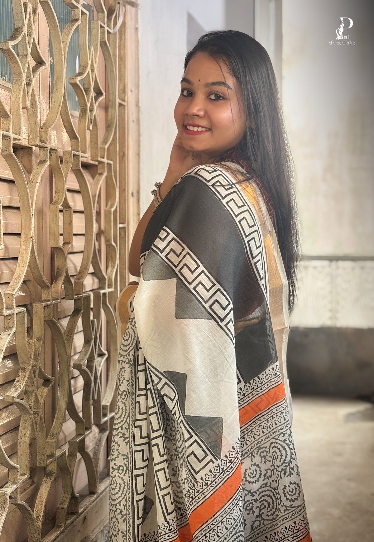 White & Black "Rooprekha" Hand Painted Saree