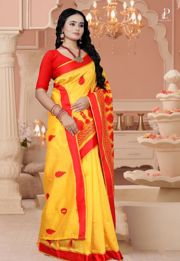 Yellow Tussar Embroidery Saree with Red Border