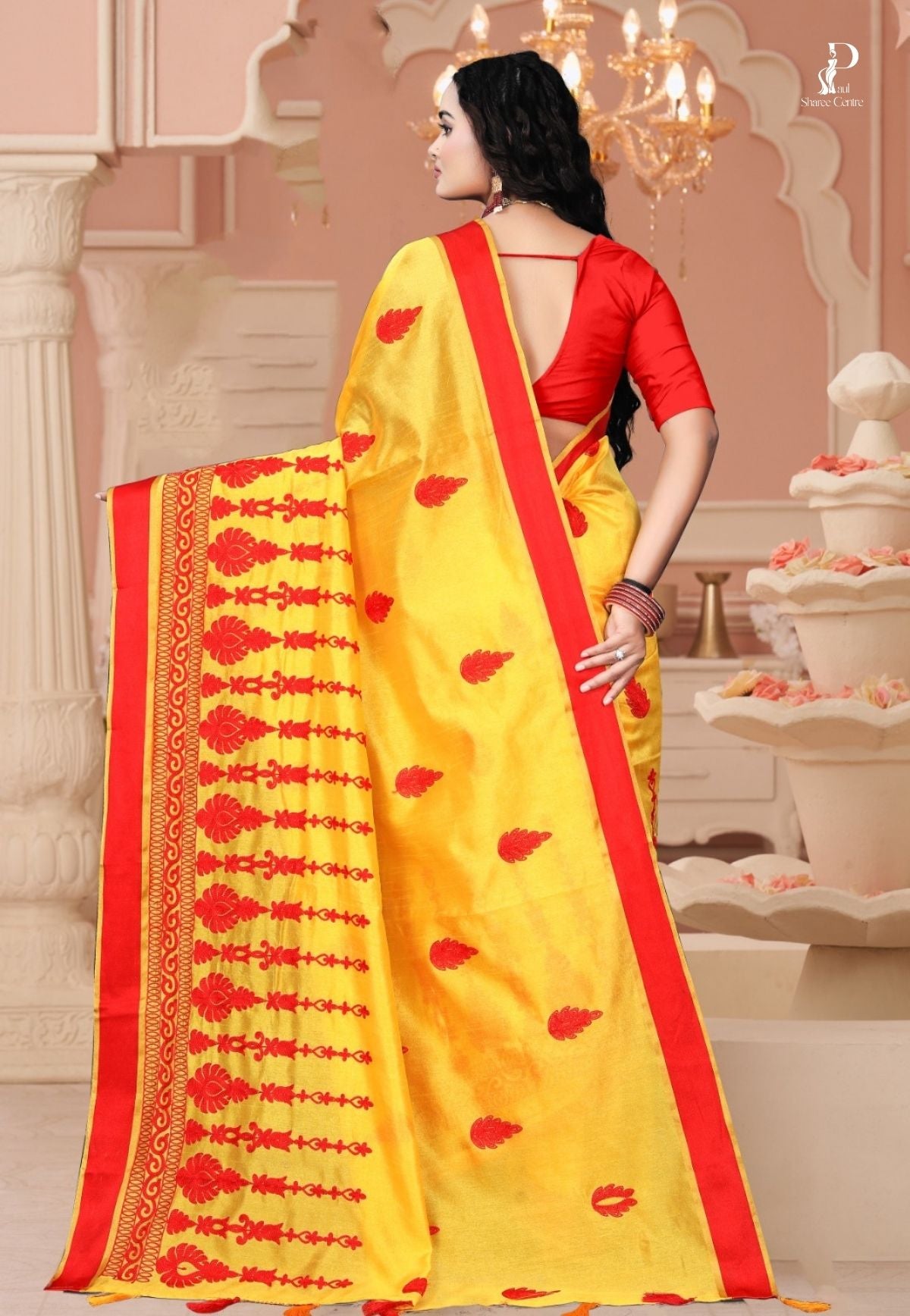 Yellow Tussar Embroidery Saree with Red Border