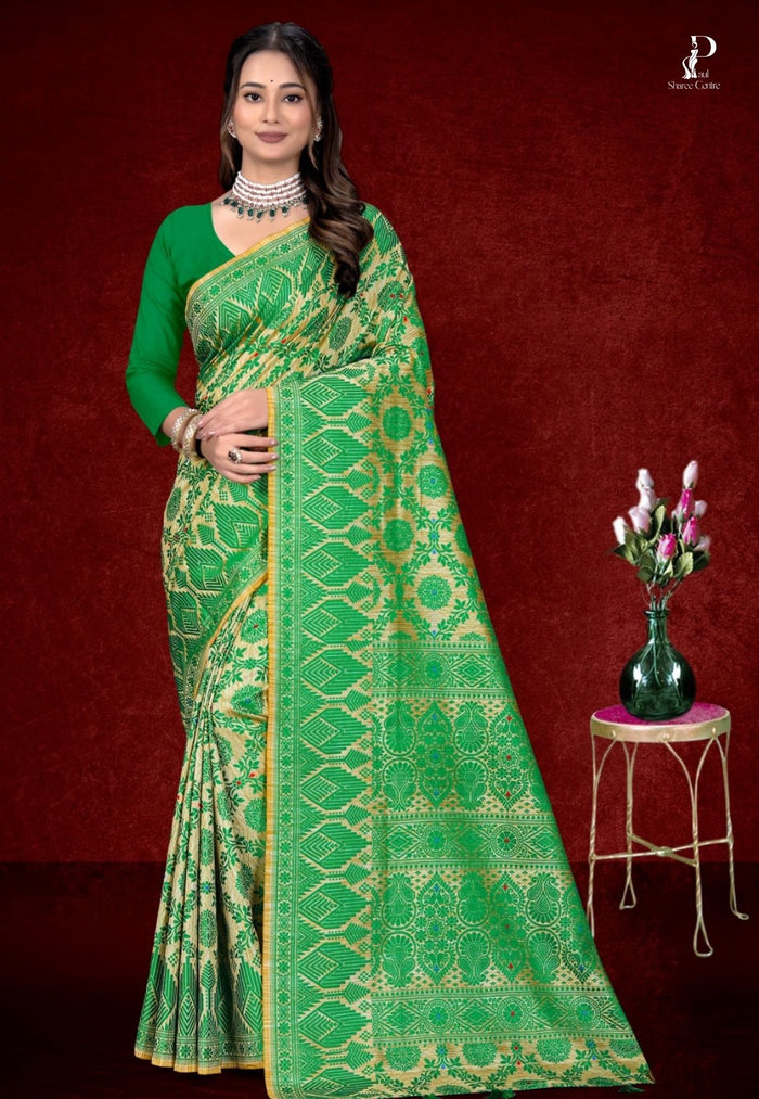 White & Green Assam Silk Saree