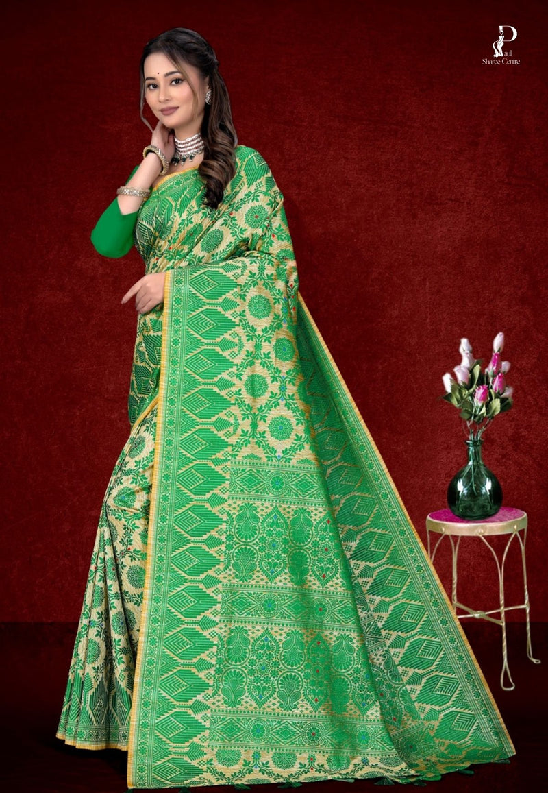White & Green Assam Silk Saree