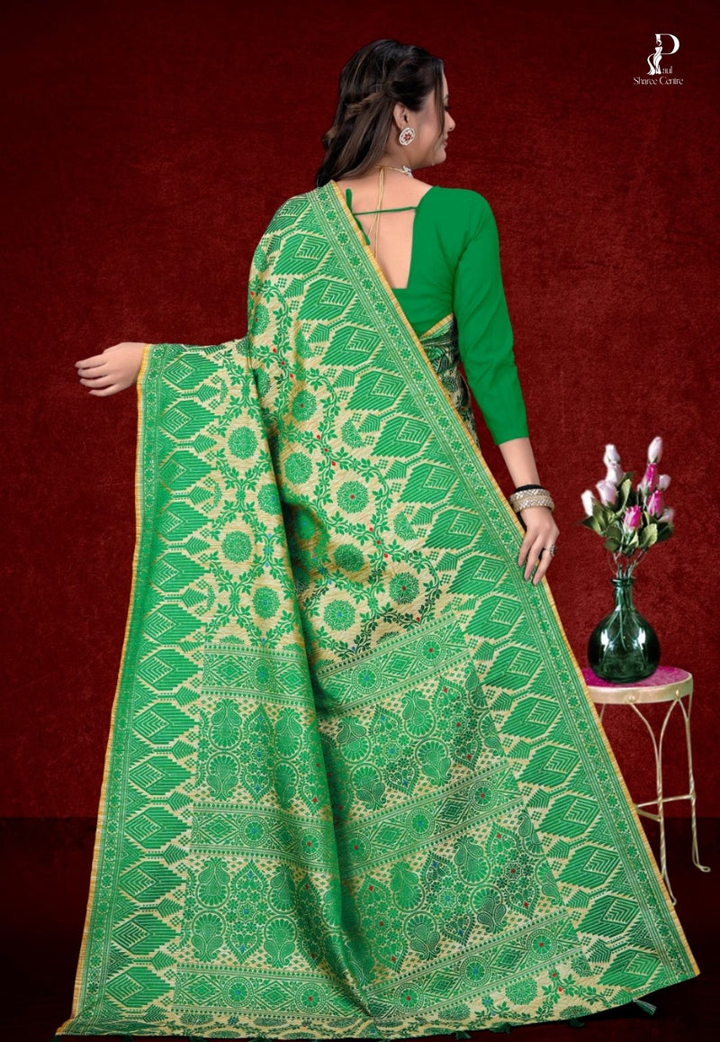 White & Green Assam Silk Saree