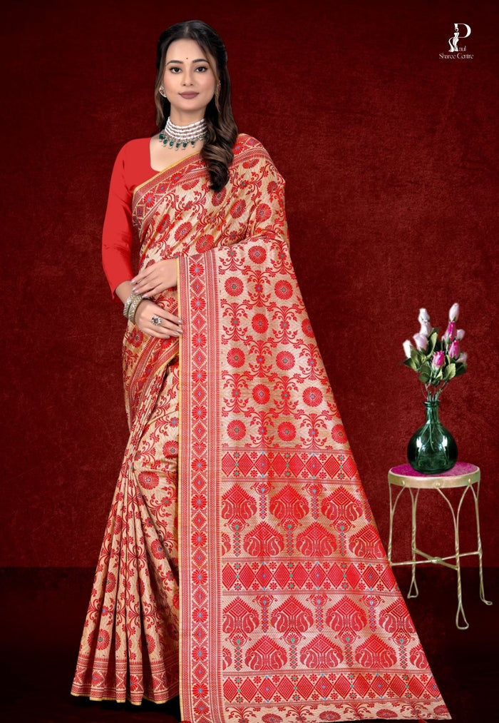 White & Red Assam Silk Saree