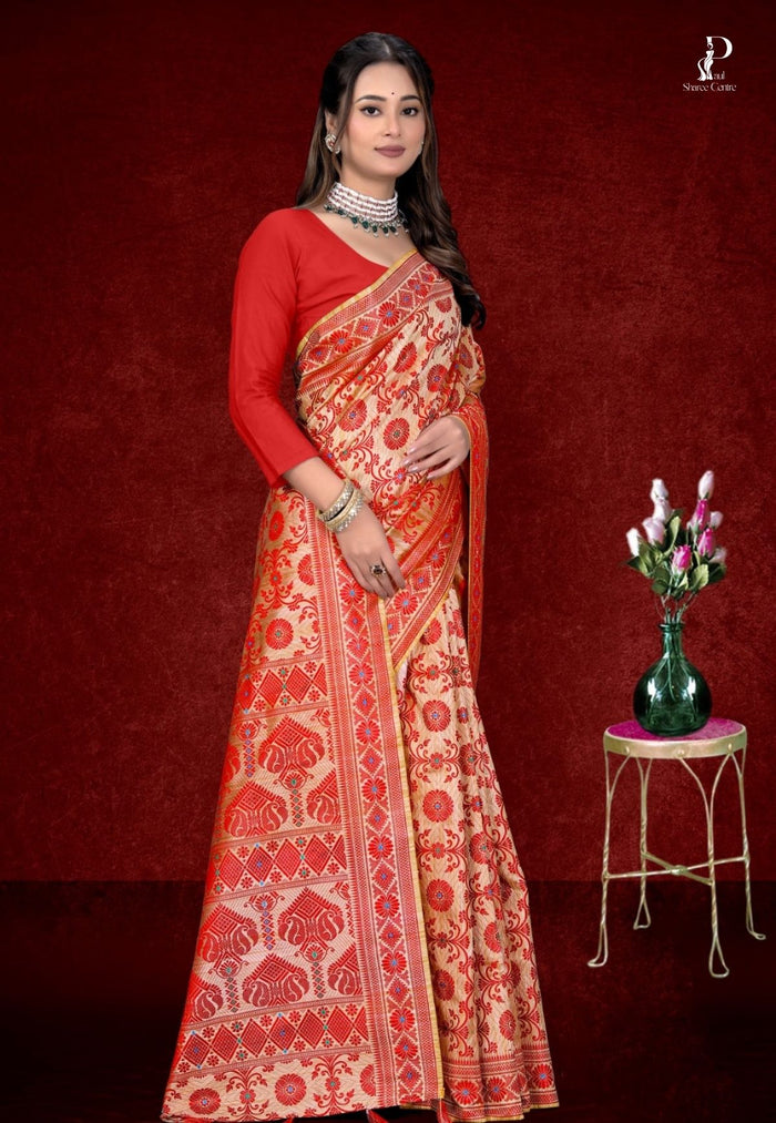 White & Red Assam Silk Saree
