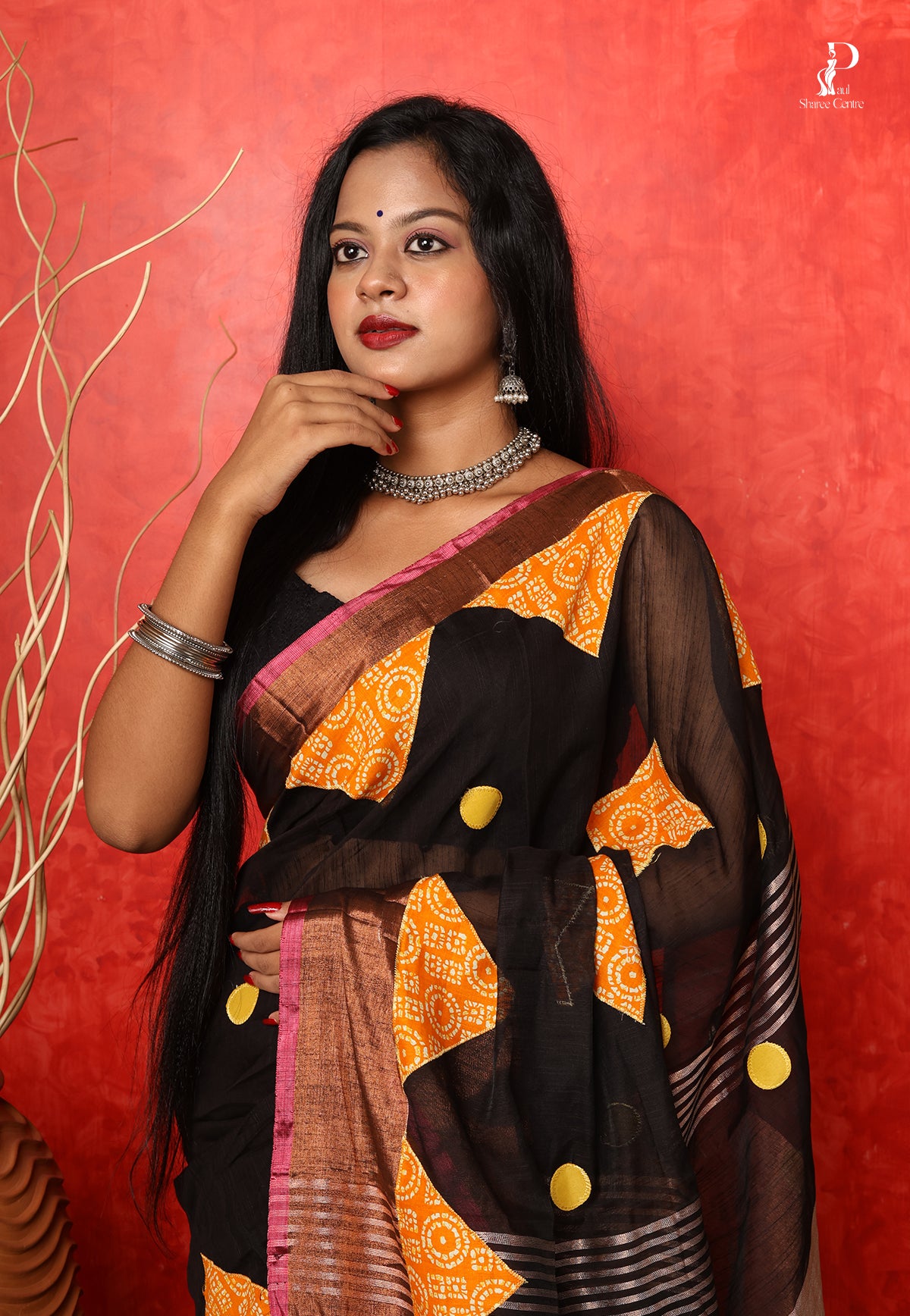 Black Applique Work Saree with Copper Zari Border