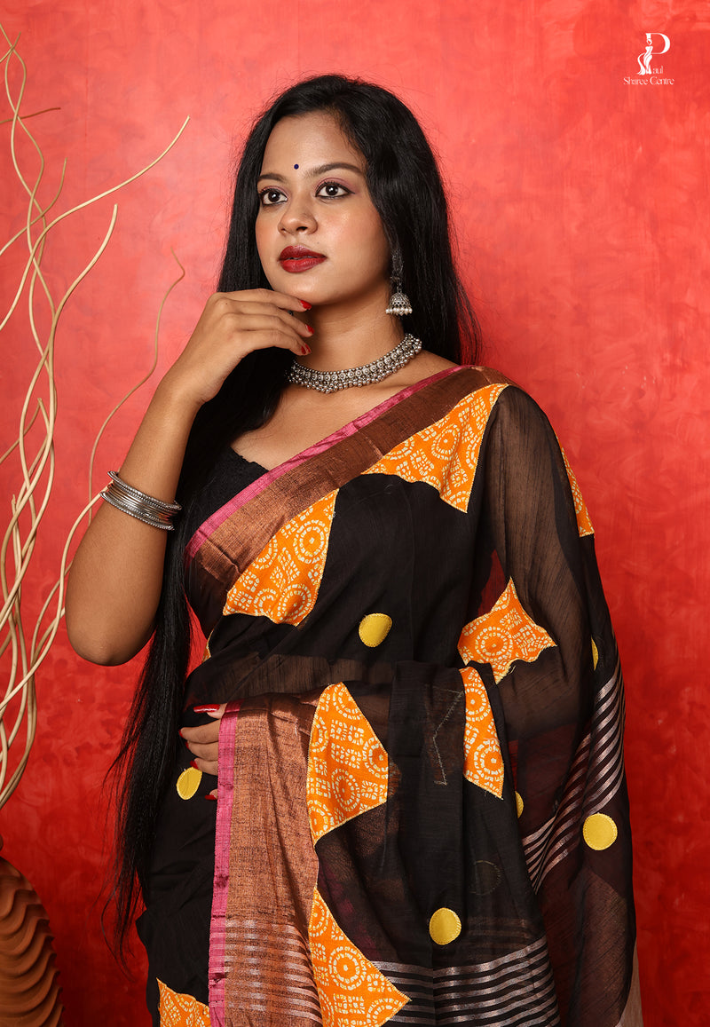 Black Applique Work Saree with Copper Zari Border
