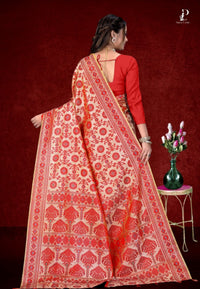 White & Red Assam Silk Saree