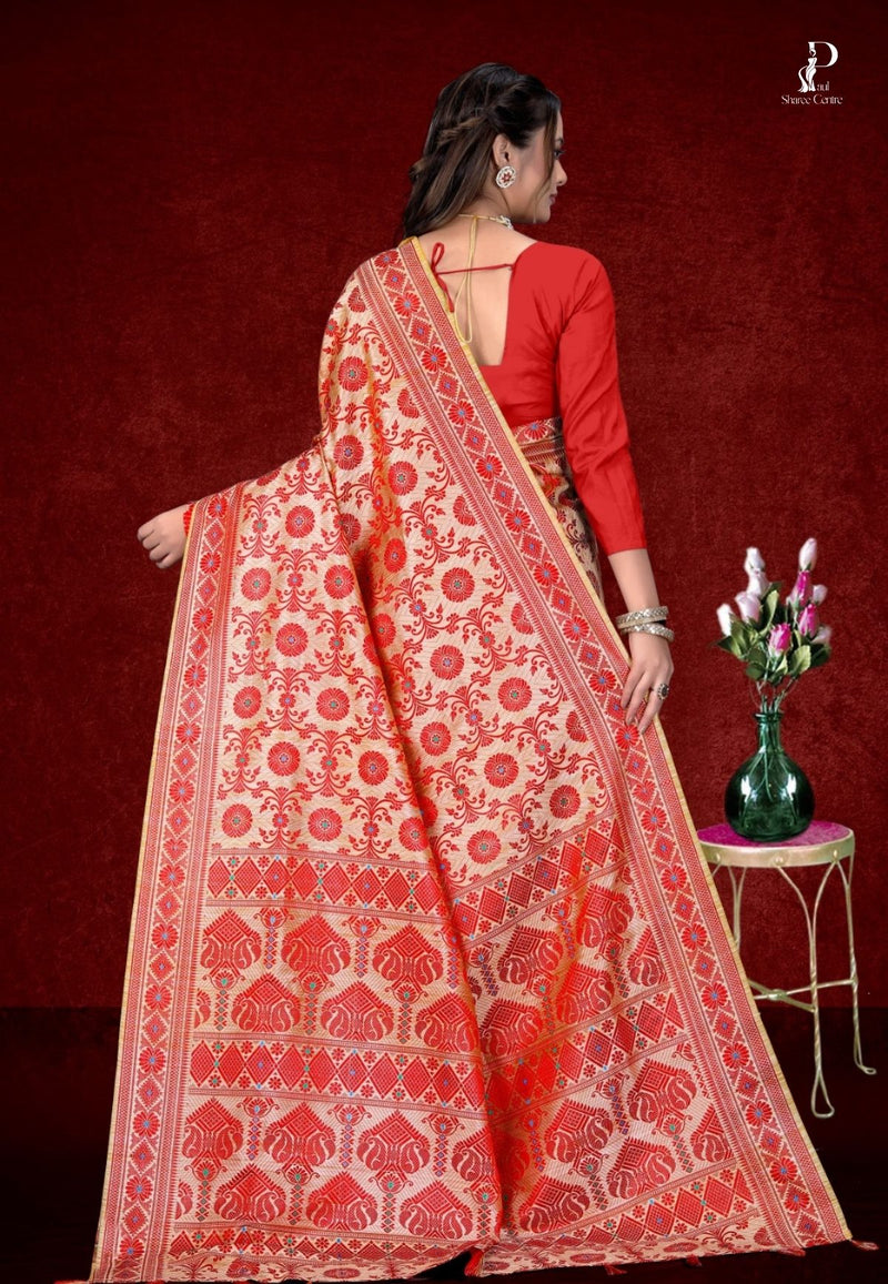 White & Red Assam Silk Saree