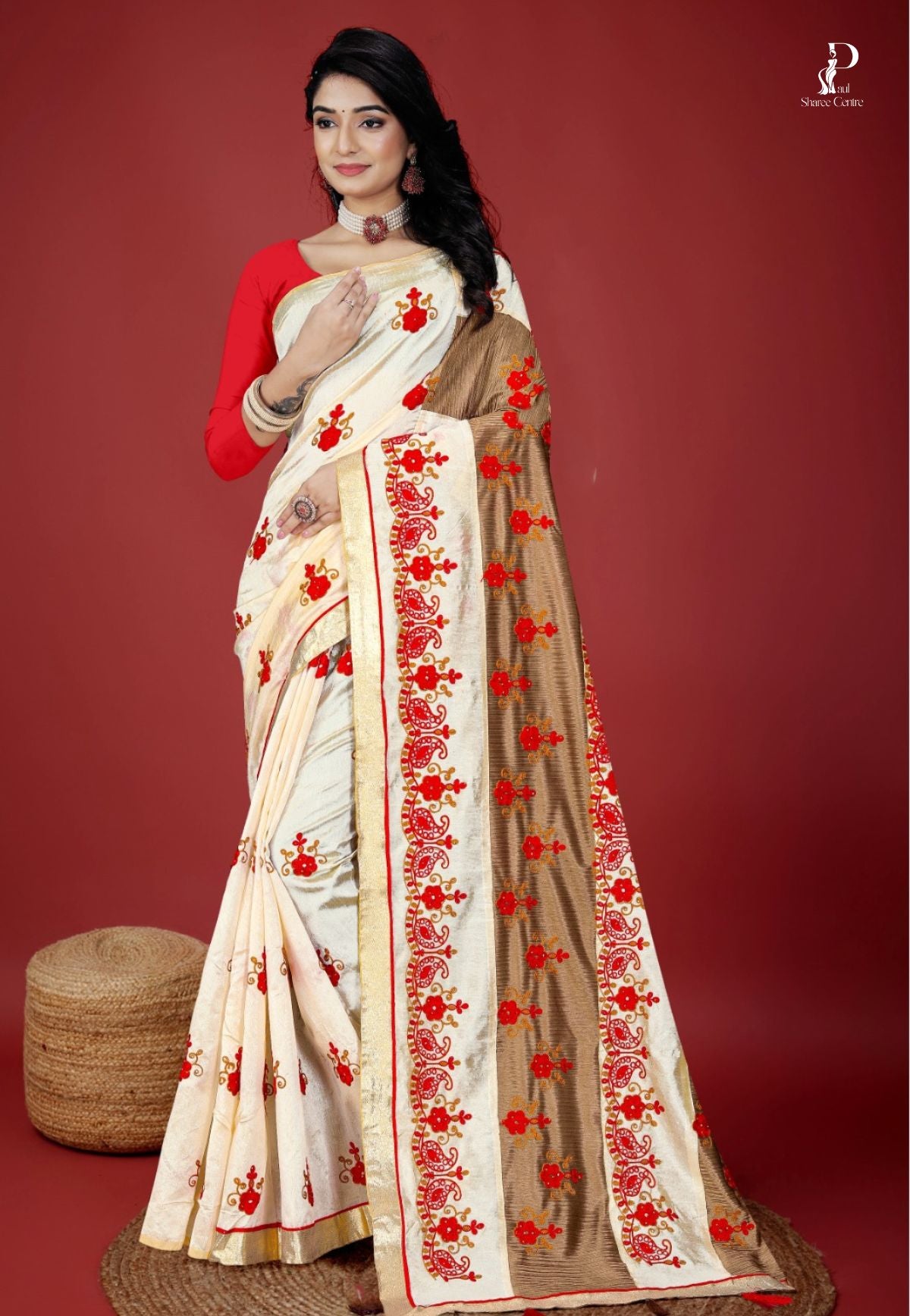 Off-White & Chocolate Brown Chanderi Embroidery Saree