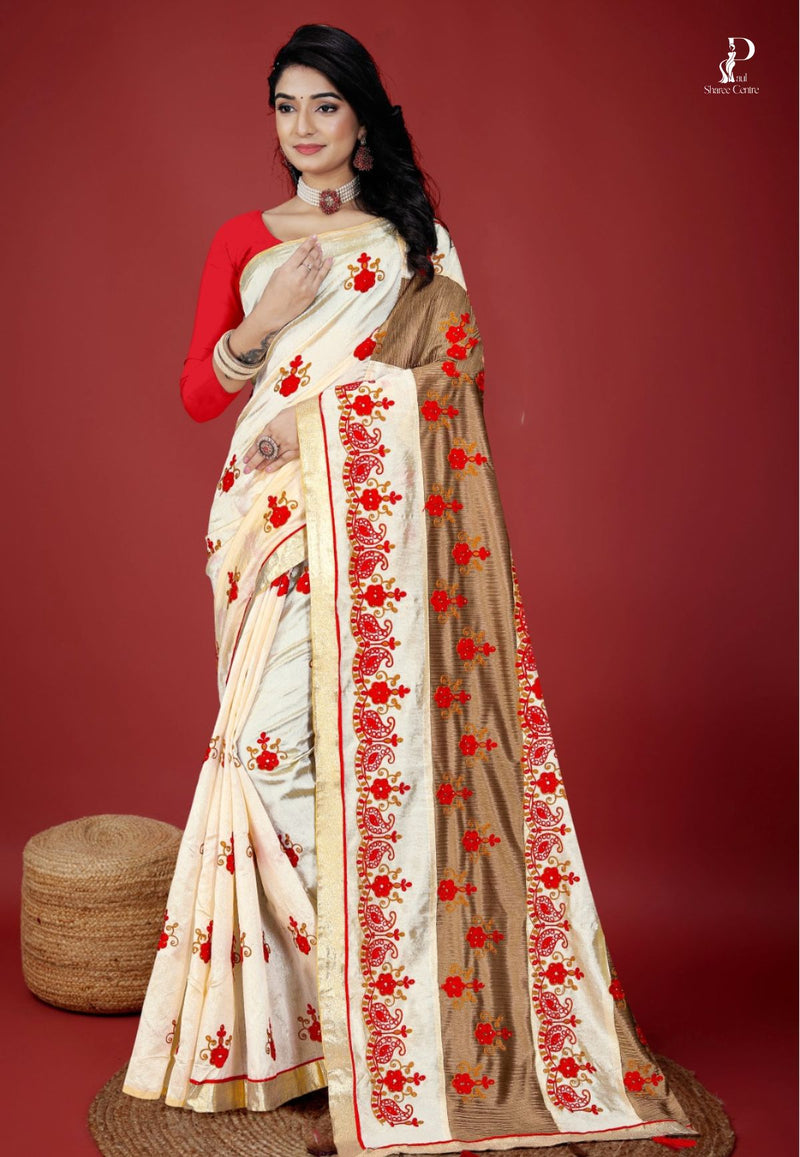 Off-White & Chocolate Brown Chanderi Embroidery Saree