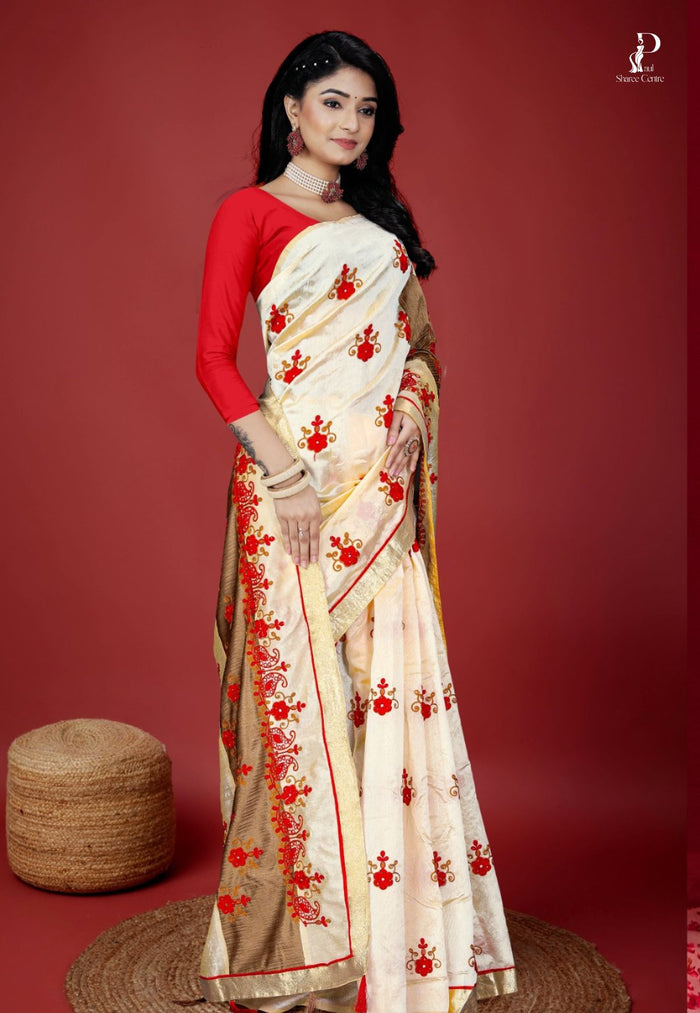 Off-White & Chocolate Brown Chanderi Embroidery Saree