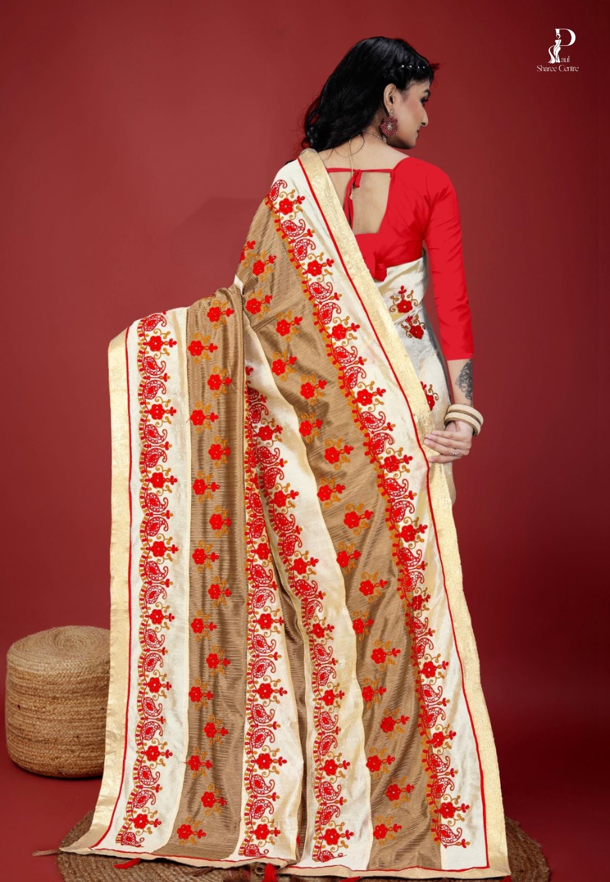 Off-White & Chocolate Brown Chanderi Embroidery Saree