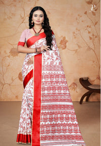 White Printed Tussar Silk Saree with Red Border