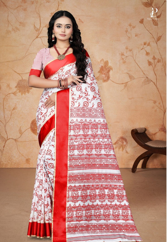 White Printed Tussar Silk Saree with Red Border