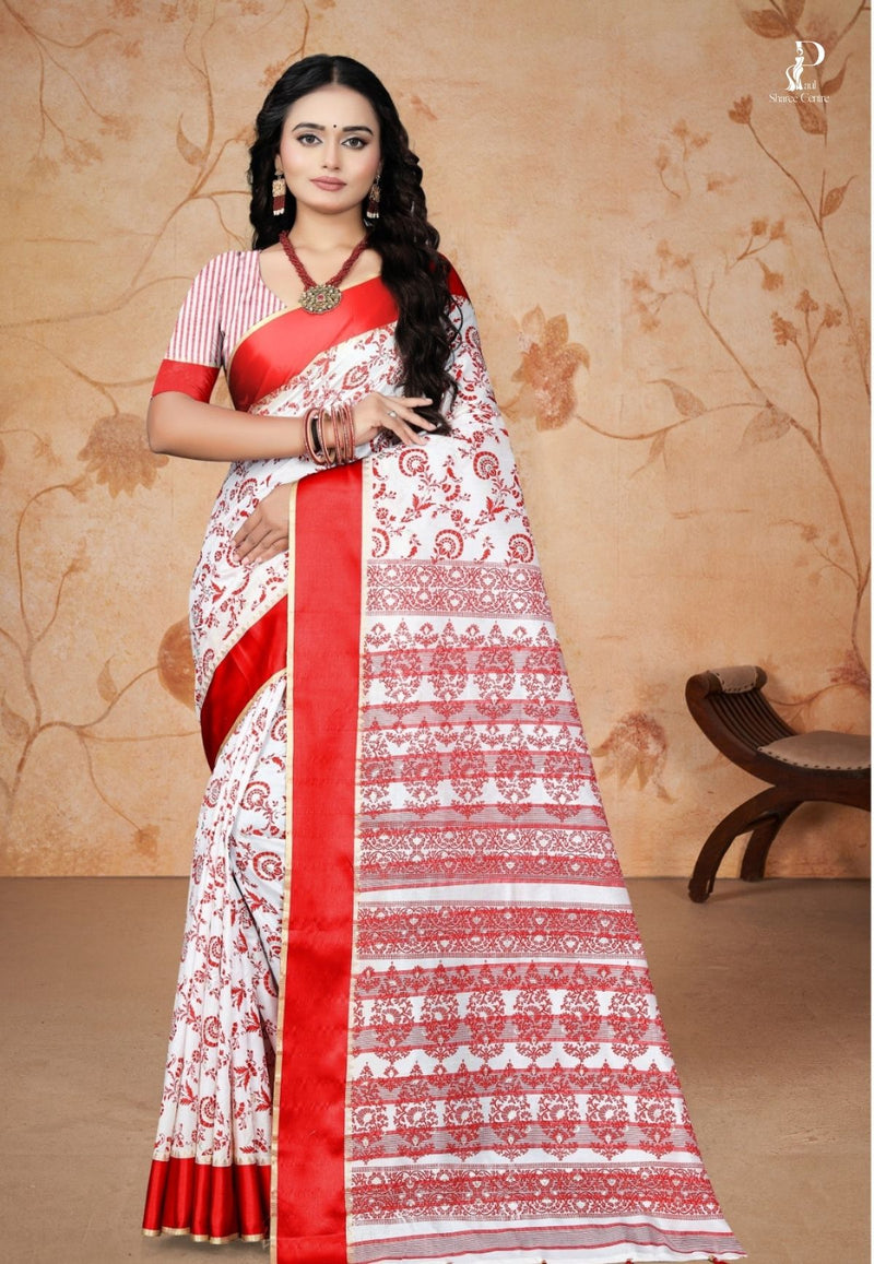 White Printed Tussar Silk Saree with Red Border