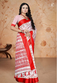 White Printed Tussar Silk Saree with Red Border