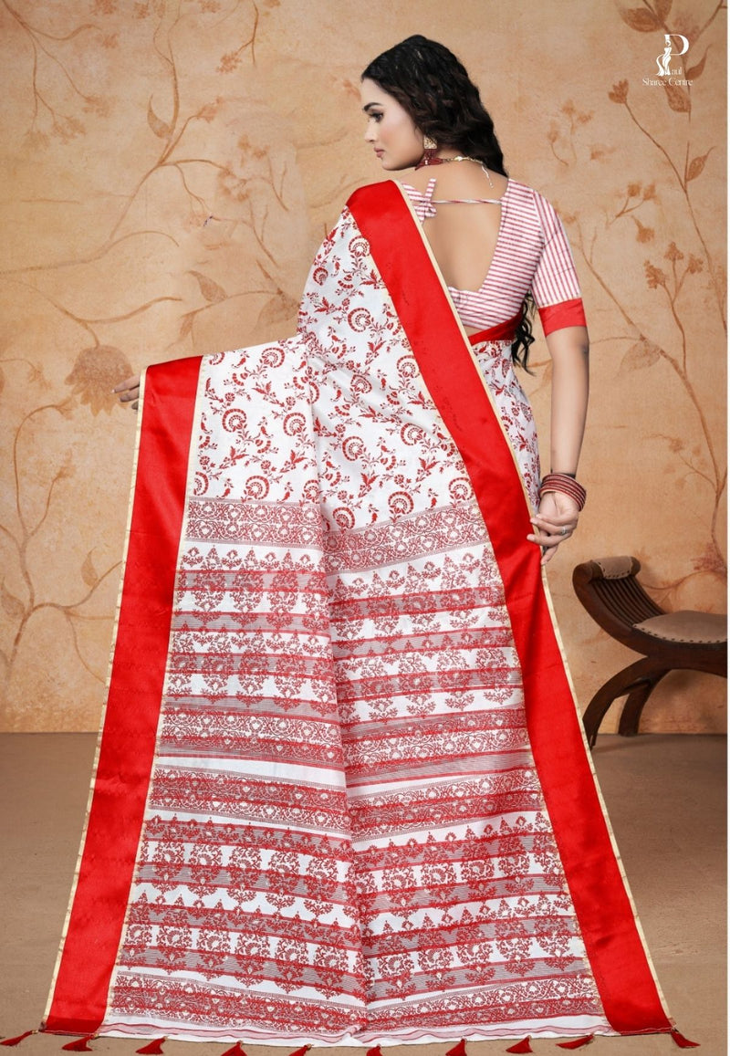 White Printed Tussar Silk Saree with Red Border