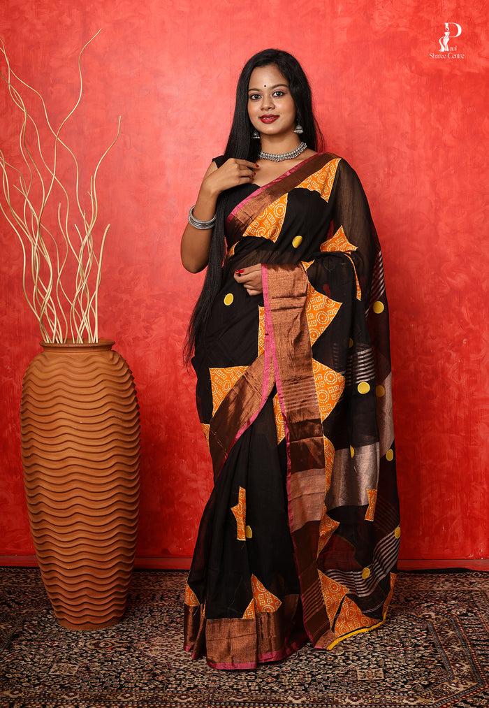 Black Applique Work Saree with Copper Zari Border