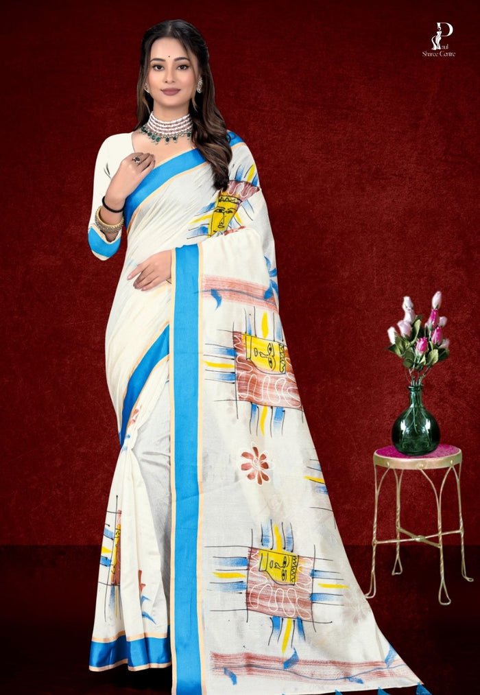 White Printed Saree with Blue Border