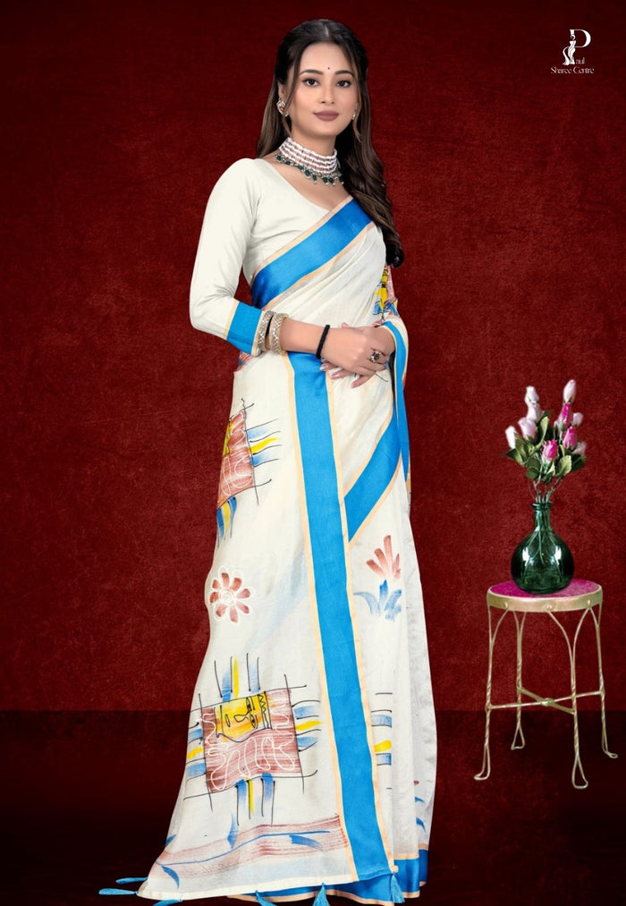 White Printed Saree with Blue Border