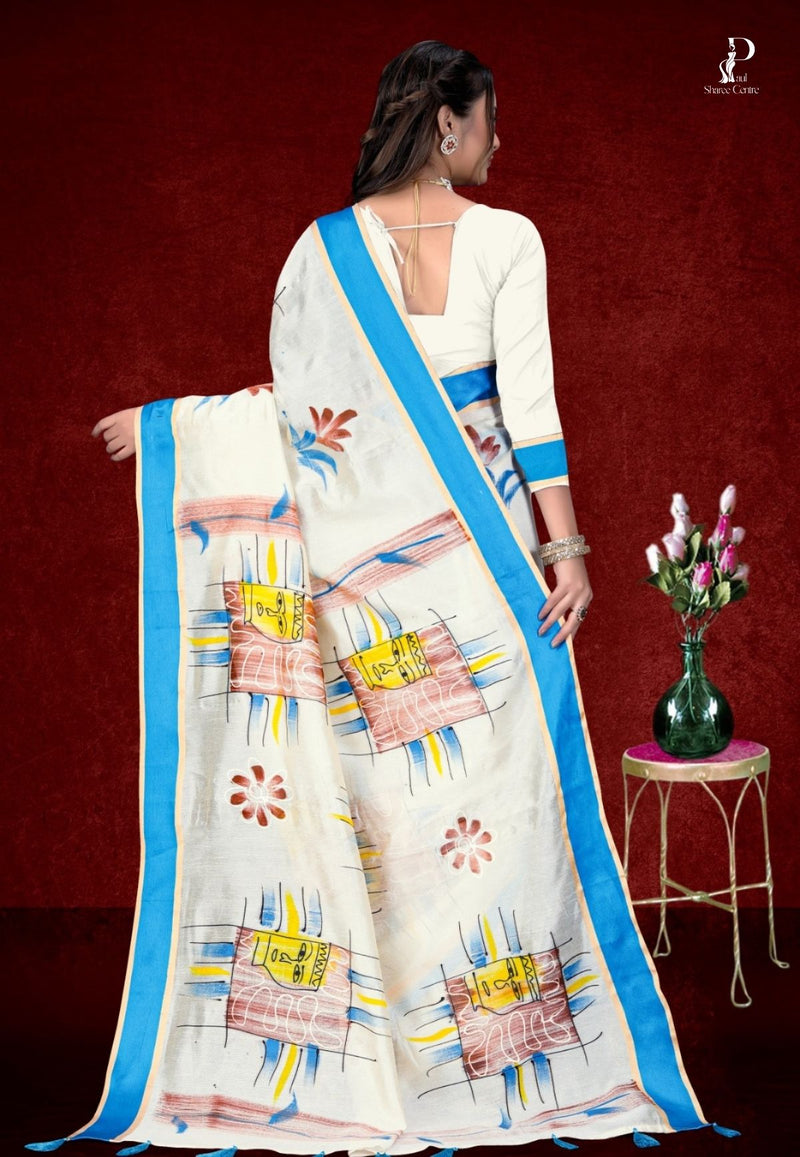 White Printed Saree with Blue Border