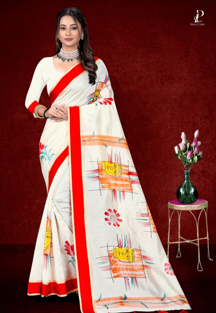 White Printed Saree with Red Border
