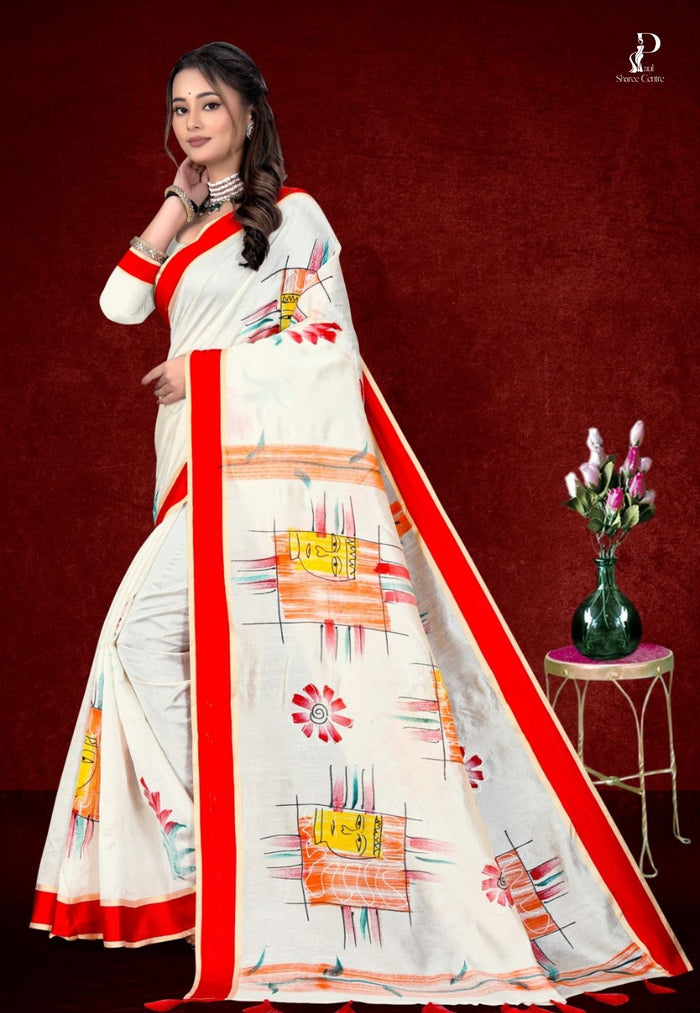 White Printed Saree with Red Border