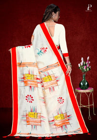 White Printed Saree with Red Border