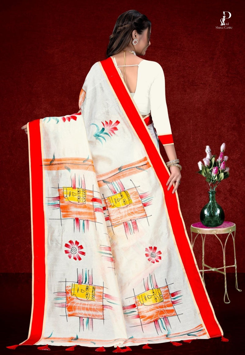 White Printed Saree with Red Border