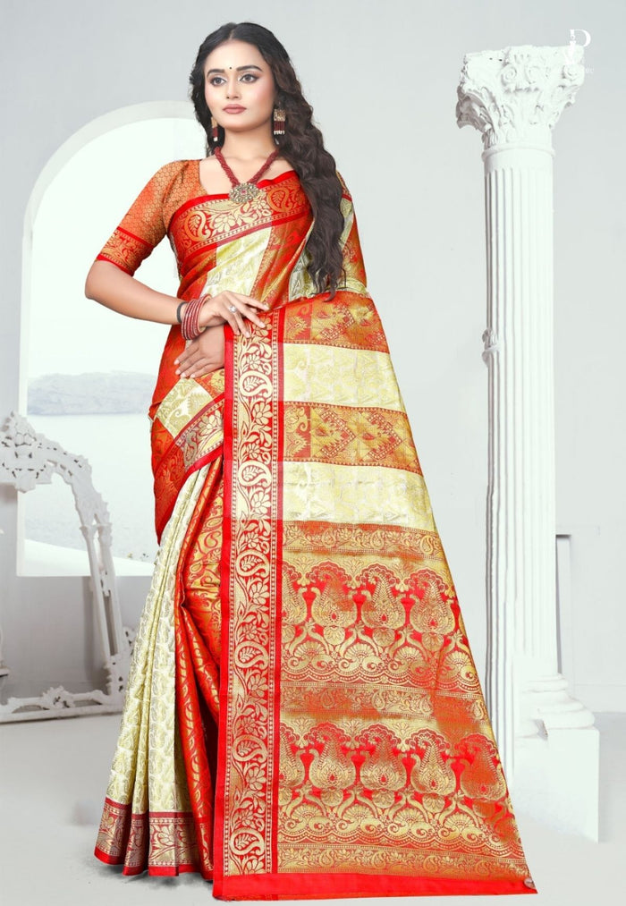 Milky White & Red Sico Kanjivaram Saree