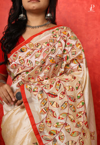 Off White Applique Work Saree with Red Border