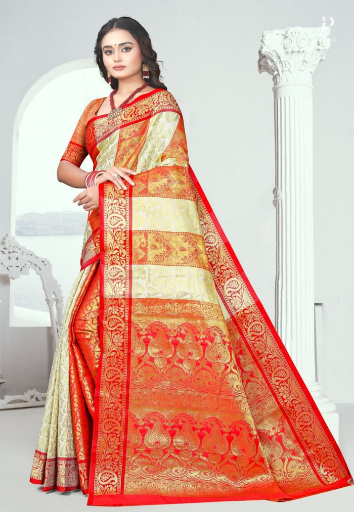 Milky White & Red Sico Kanjivaram Saree