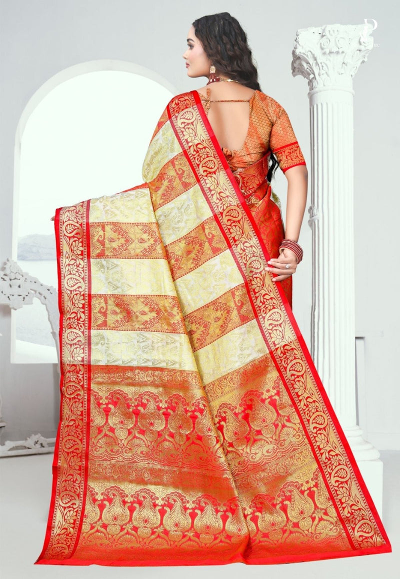 Milky White & Red Sico Kanjivaram Saree