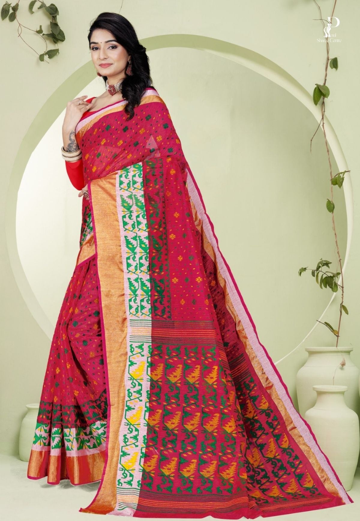 Red Dhakai  Saree with Jamdani Print