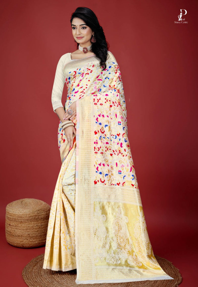 Off-White Kanni Pashmina Saree with Mina Weaving