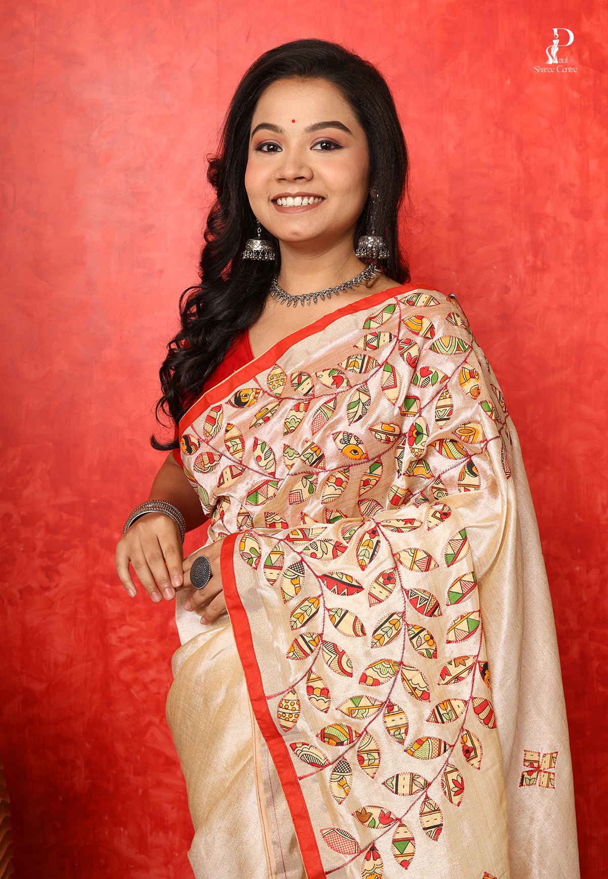 Off White Applique Work Saree with Red Border