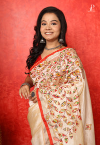 Off White Applique Work Saree with Red Border