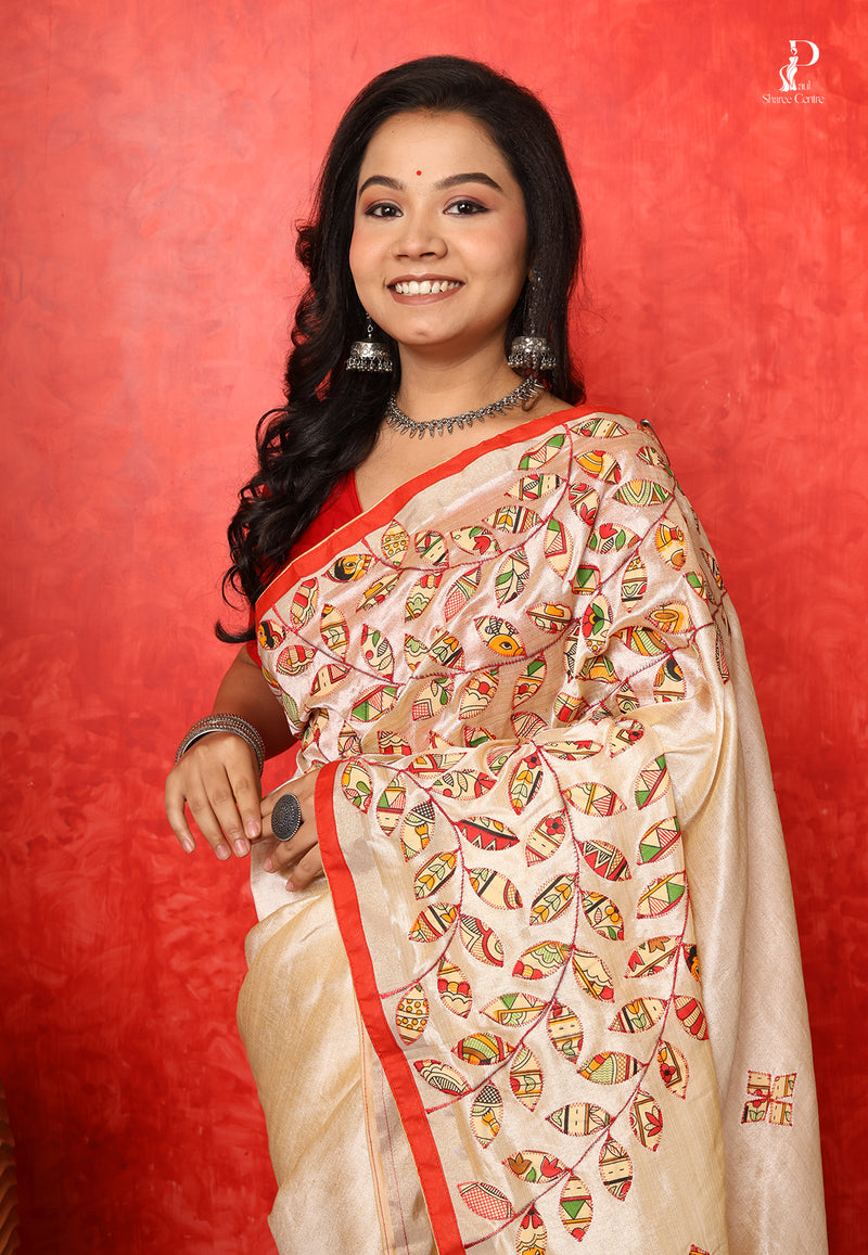 Off White Applique Work Saree with Red Border