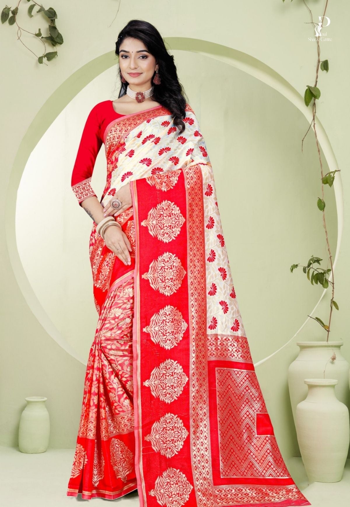 Off White & Red Semi Kanchi Silk Saree