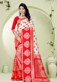 Off White & Red Semi Kanchi Silk Saree