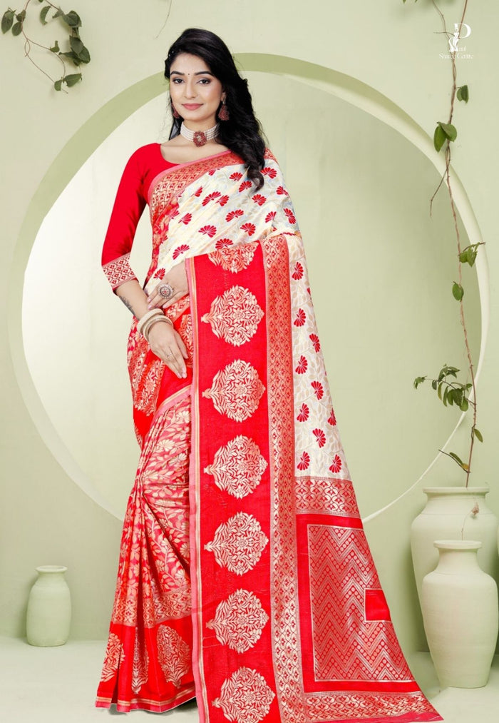 Off White & Red Semi Kanchi Silk Saree