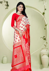 Off White & Red Semi Kanchi Silk Saree
