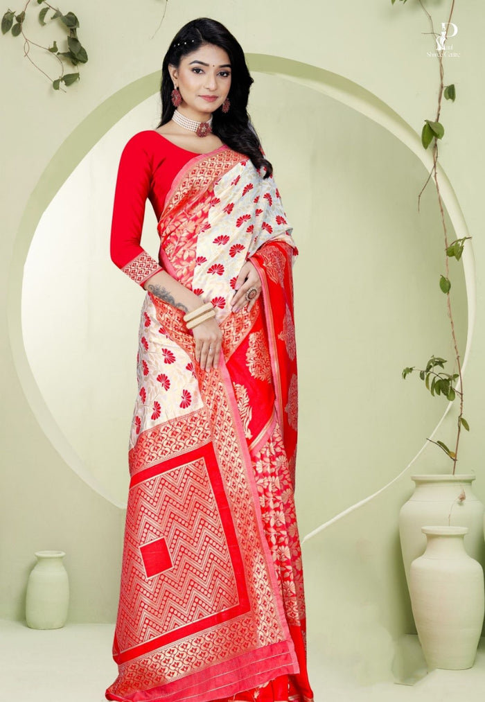 Off White & Red Semi Kanchi Silk Saree