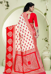 Off White & Red Semi Kanchi Silk Saree
