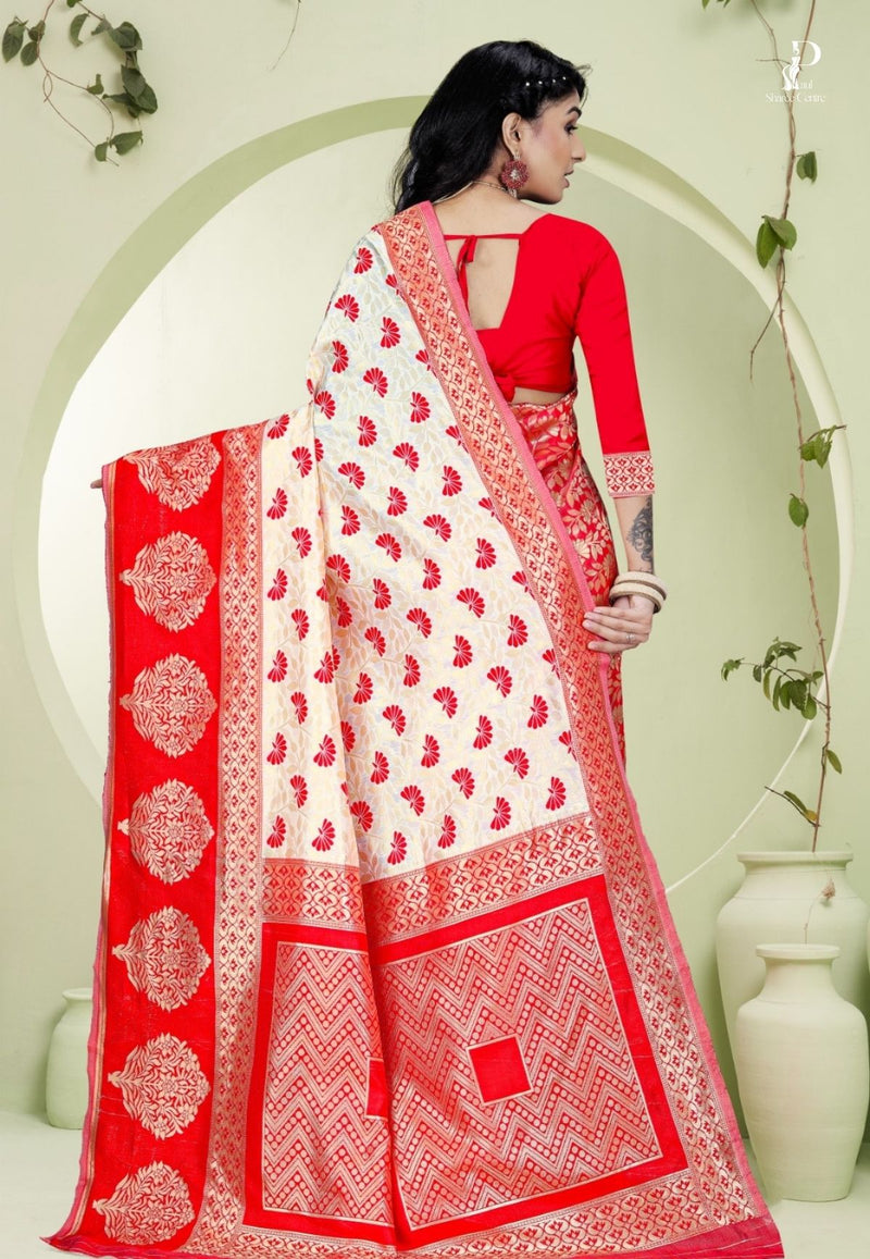 Off White & Red Semi Kanchi Silk Saree