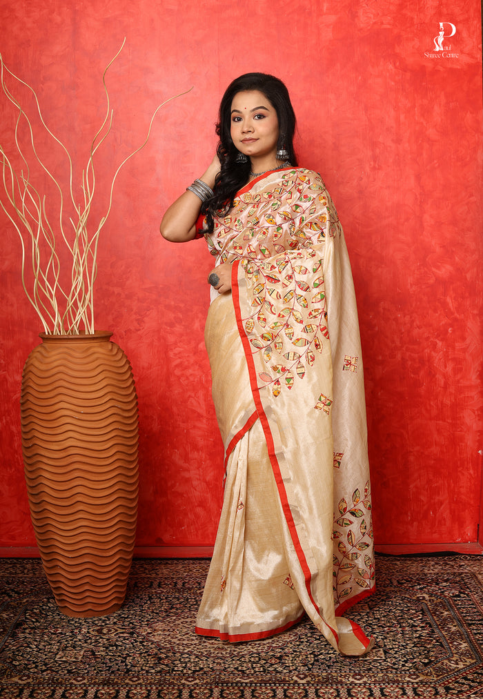 Off White Applique Work Saree with Red Border